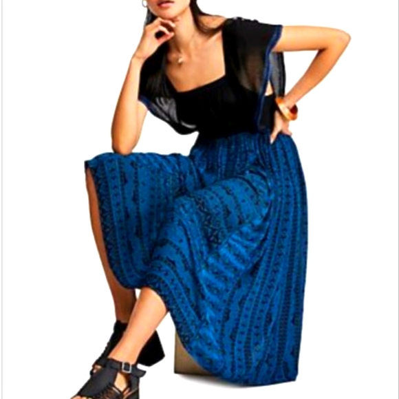 Free People In Search Of Paradise Midi Dress Blue Mixed Print Flowy Small NWT - Picture 9 of 16